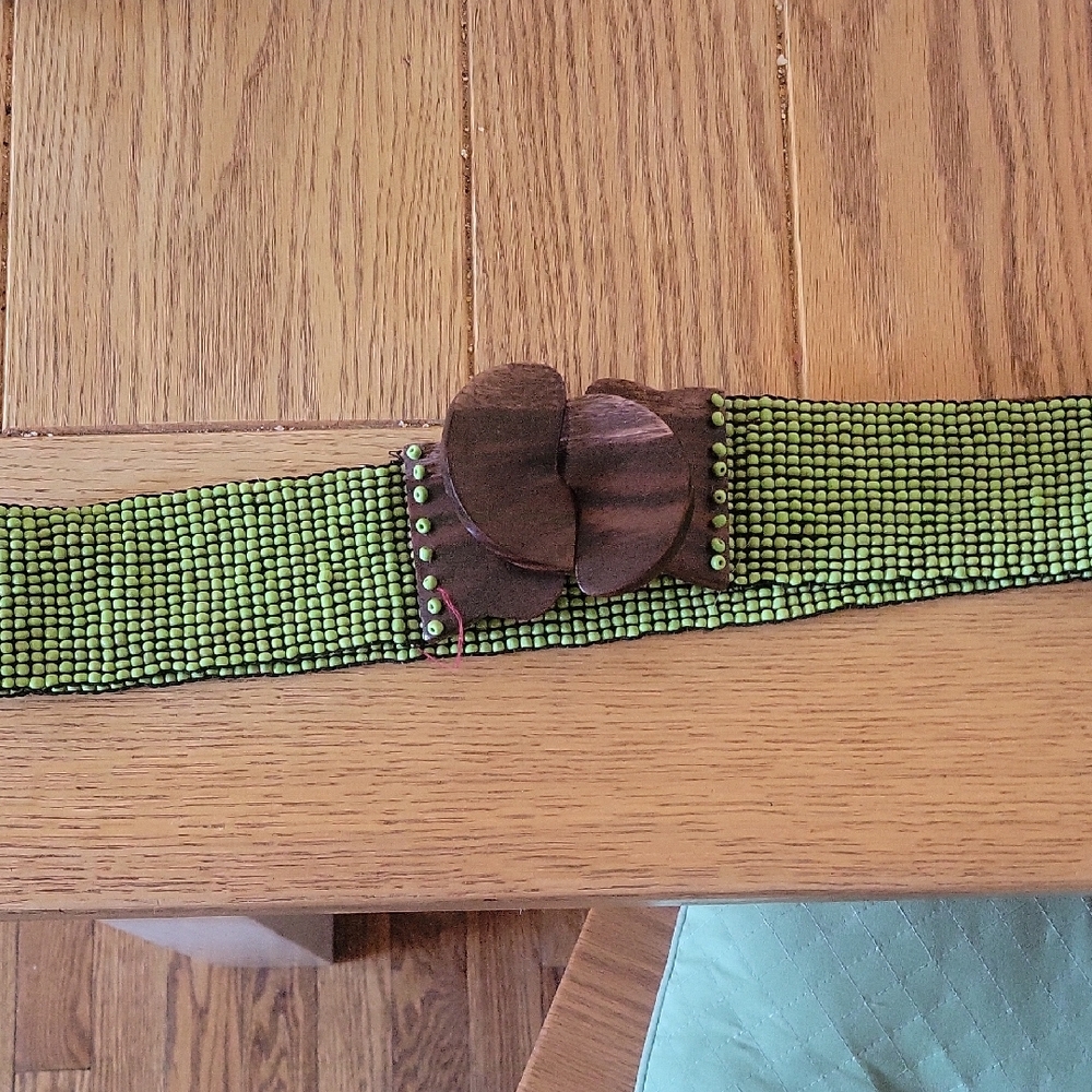Source Unknown Green Beaded Belt with Brown Buckle